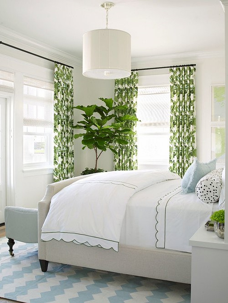 green and white bedroom