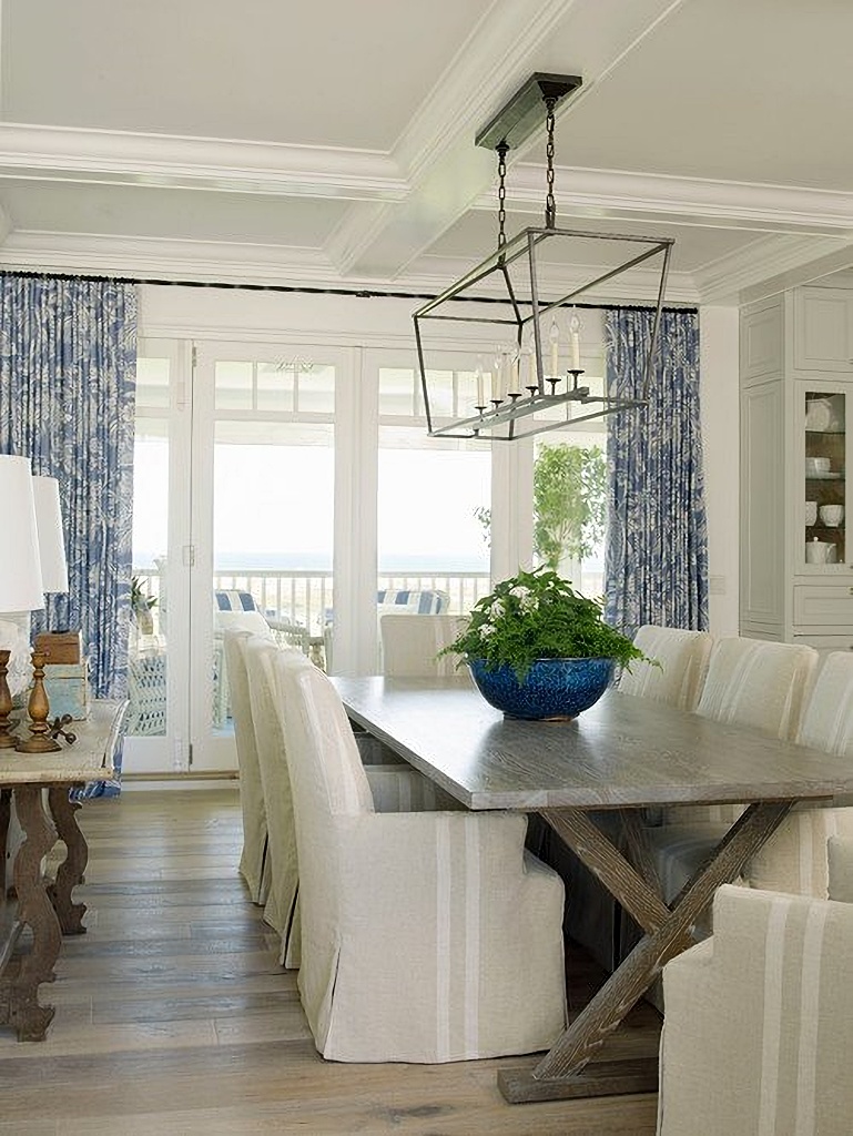 blue and white coastal dining room