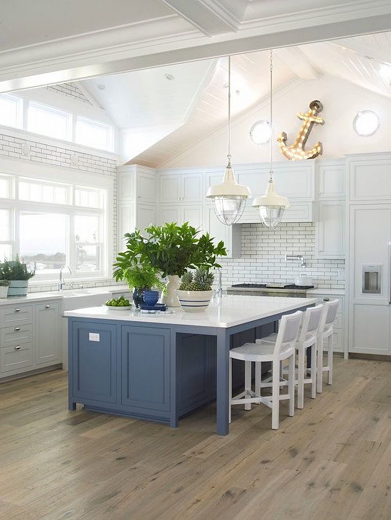 navy blue island in white kitchen