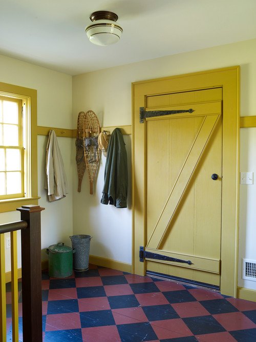 Vintage Farmhouse Back Entryway with Checkerboard Floor