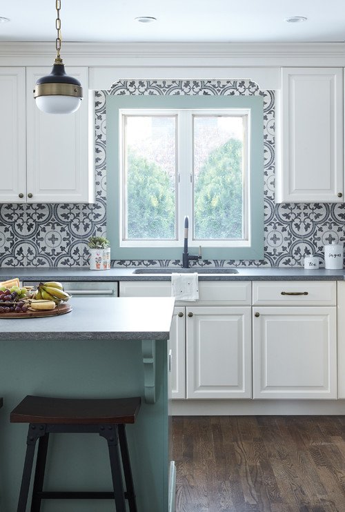 Pastel Green and White Kitchen with Patterned Tile Backsplash