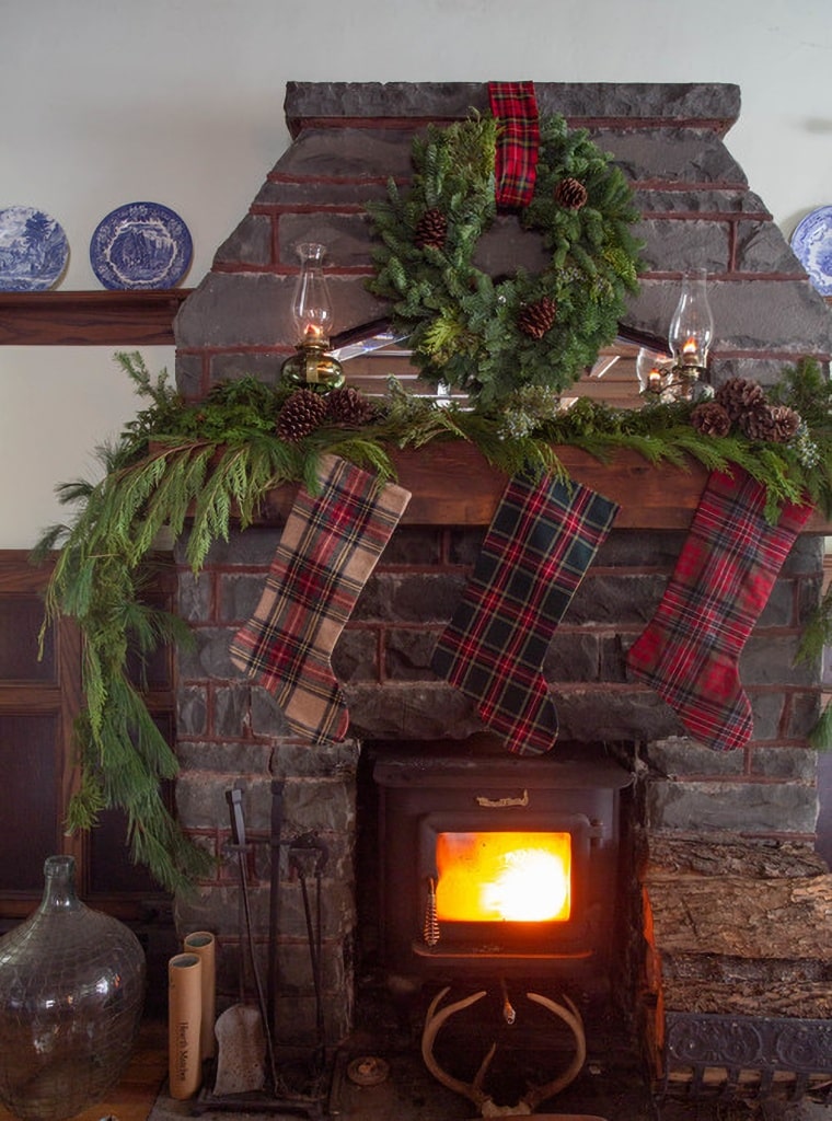 rustic farmhouse fireplace at Christmas