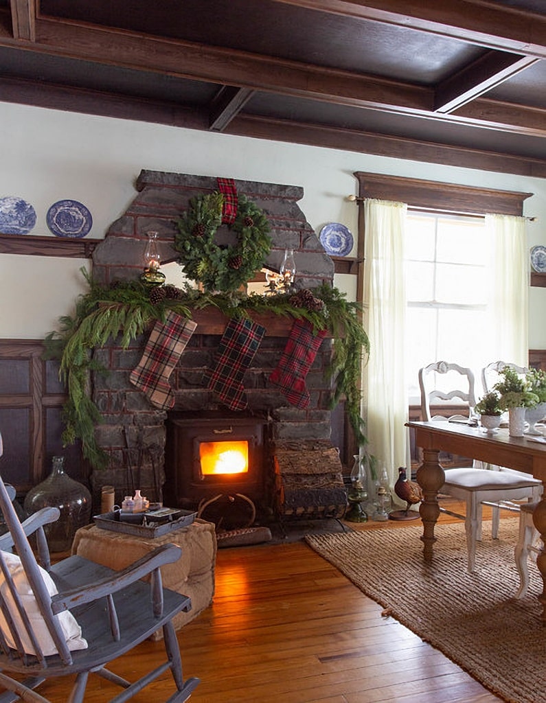 rustic farmhouse fireplace at Christmas