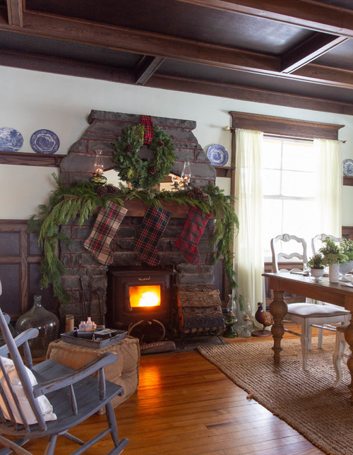 Stone Fireplace with Christmas Garland