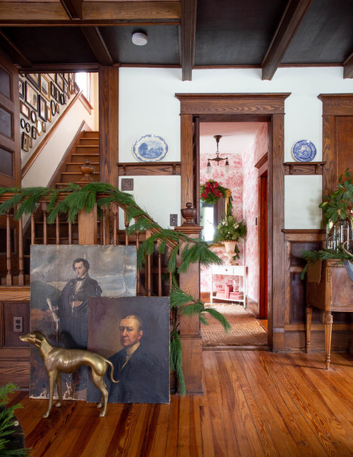 All Wood Staircase Decorated with Christmas Garland