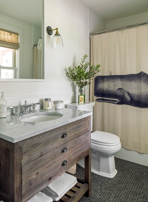Whale Shower Curtain in Rustic Bathroom