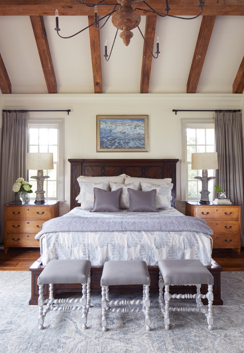 Traditional Bedroom with Vaulted Ceiling and Wooden Beams