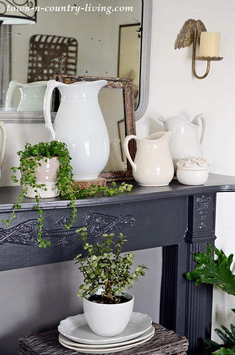 Painted Mantel Decorated for Spring with White Ironstone