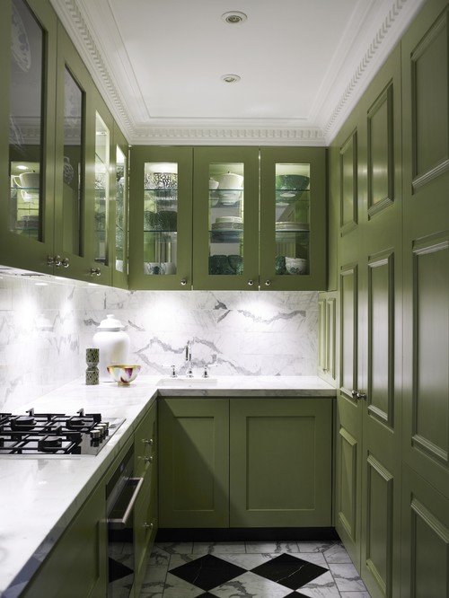 Olive Green Kitchen Cabinets with Checkerboard Floor