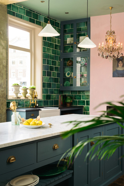 English Style Kitchen with Dark Green Subway Tile