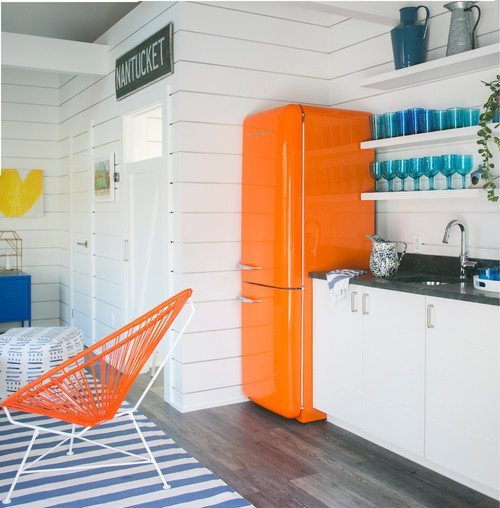 Orange Refrigerator in Beach Style Kitchen