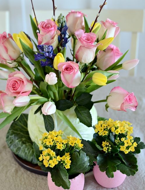 DIY Cabbage Flower Vase with Tulips and Roses