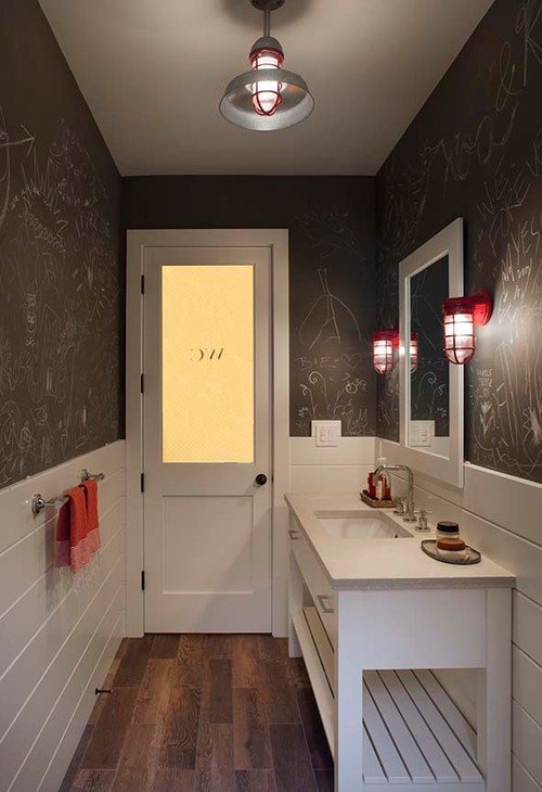 Brown and White Bathroom with a Touch of Red