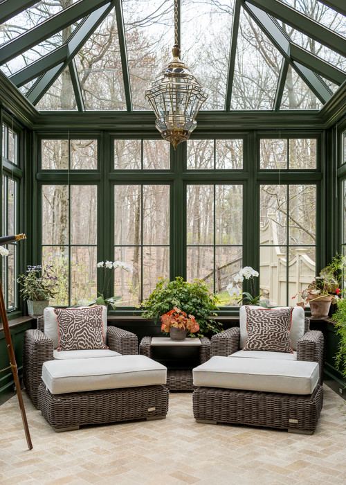 Traditional Sun Room with Dark Green Paint