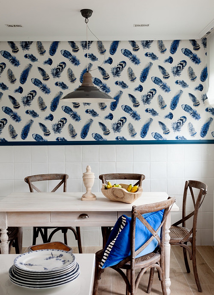 dining room with blue and white wallpaper