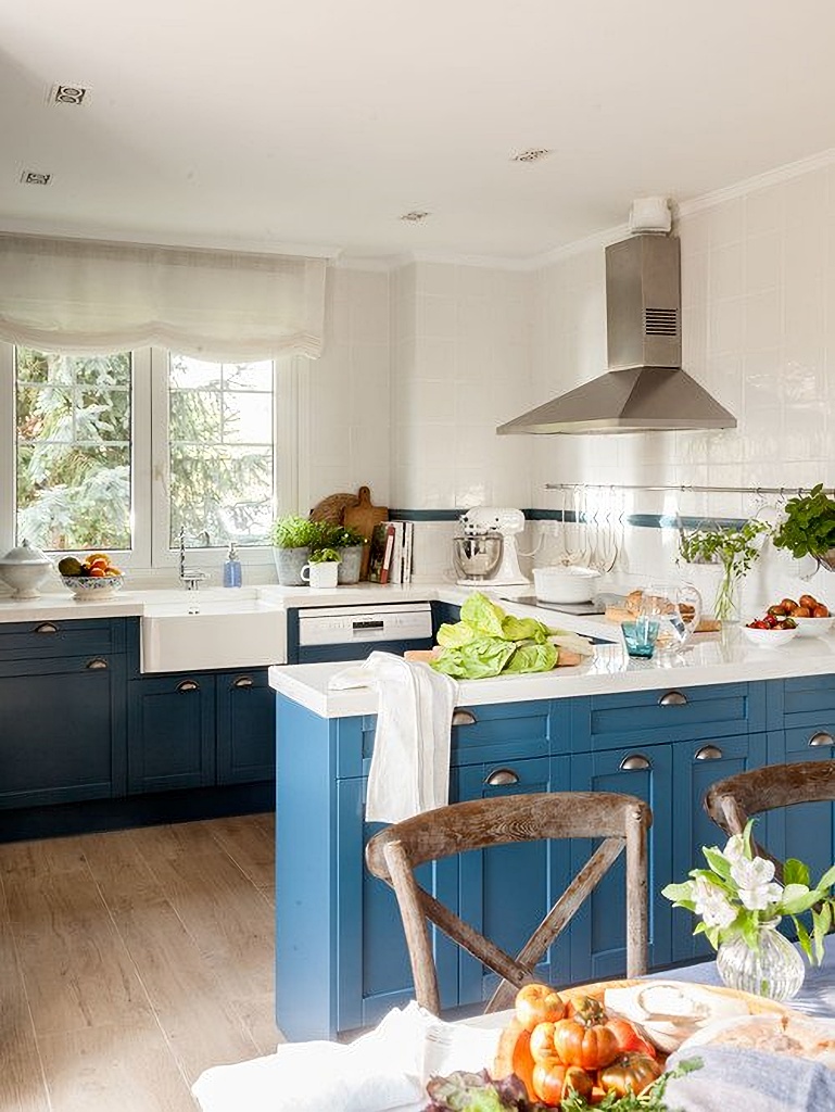 kitchen with blue cabinets