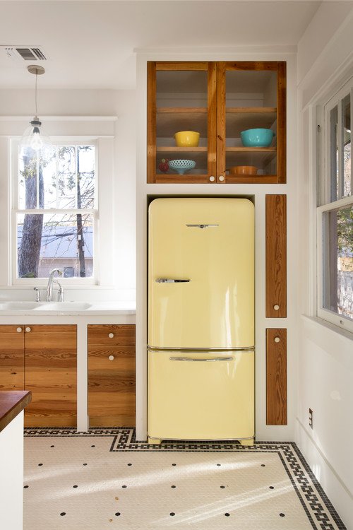 Yellow Refrigerator in Vintage Farmhouse Kitchen