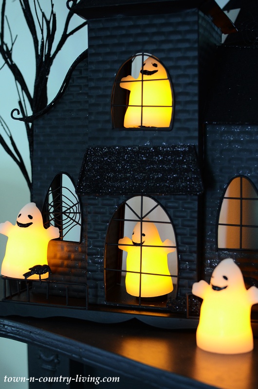 Black Haunted House with LED Ghost Lights