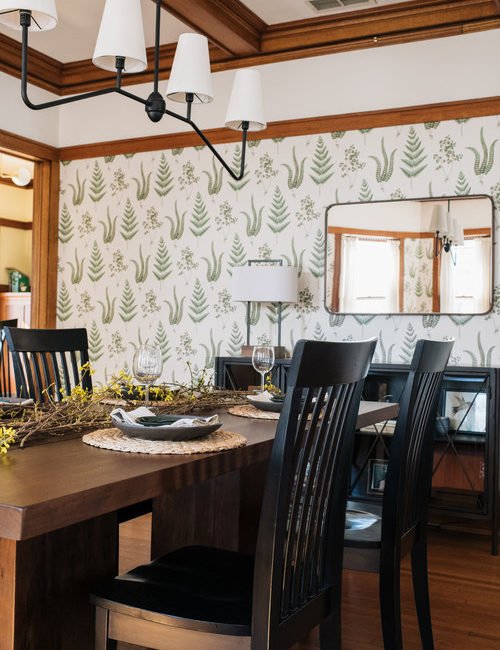 Craftsman Dining Room with Fun Wallpaper