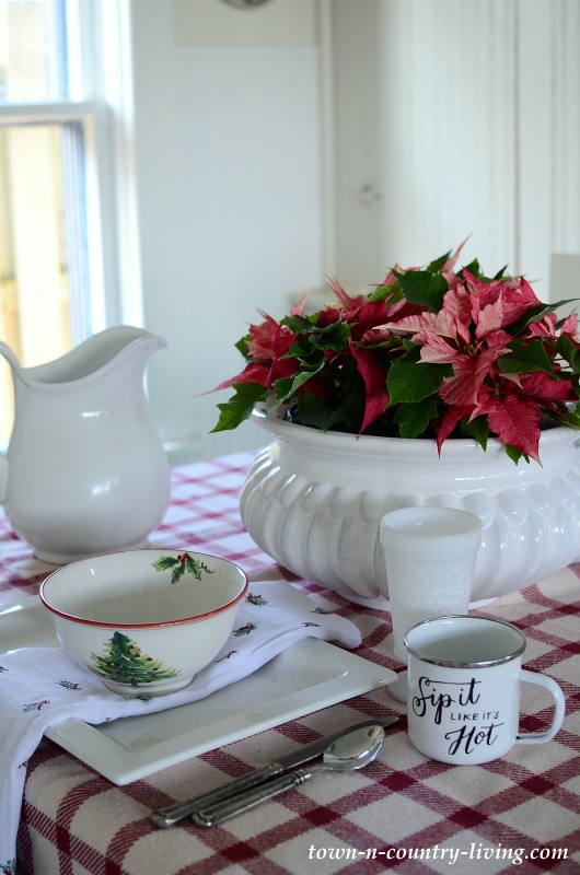 Christmas Table Setting in a Farmhouse Kitchen Nook