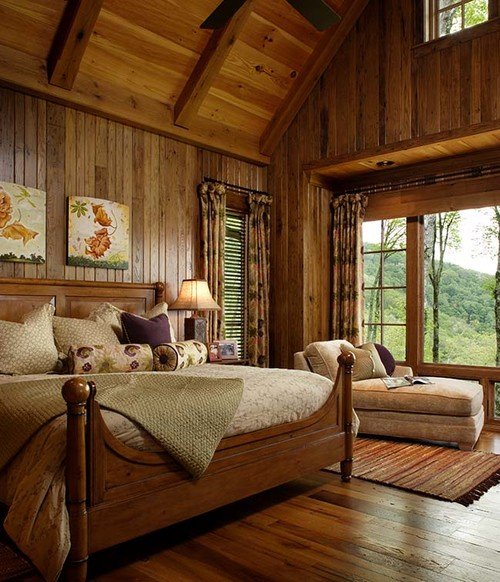 Rustic Cozy Bedroom with Natural Wood Paneling