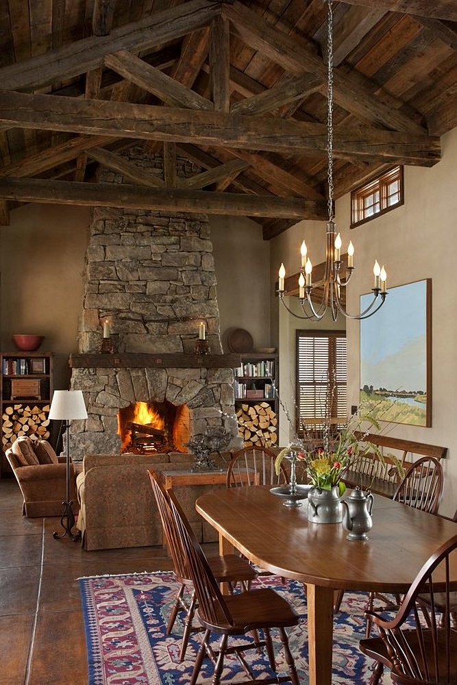 Rustic cabin living room with fireplace