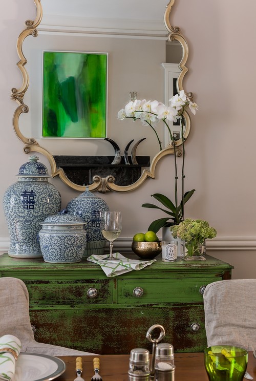 Green Console Table in Traditional Home Dining Room