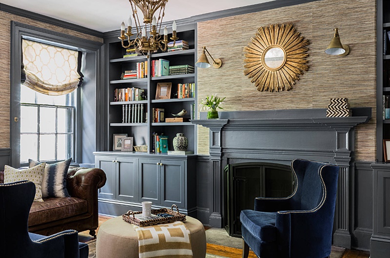 Dark Gray Den with Leather Chesterfield Sofa and Painted Fireplace