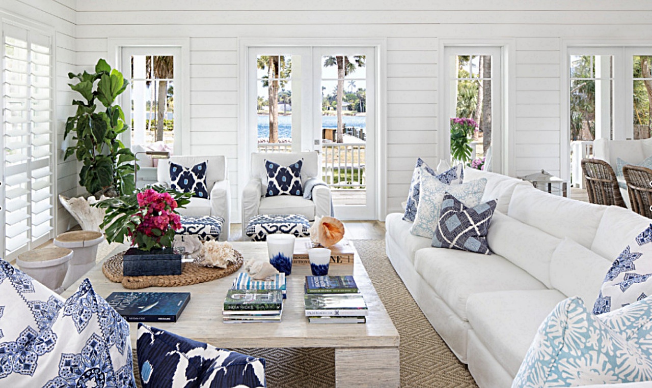 Blue and white beach style living room