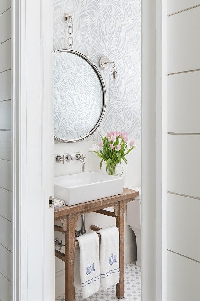 Cottage style powder room in blue and white