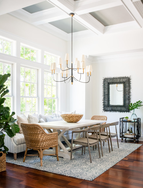 Coastal Style Dining Room with Coffered Ceiling