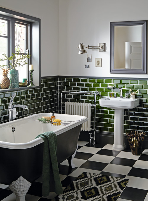 Victorian Style Bathroom with Green Subway Tile and Checkerboard Floor