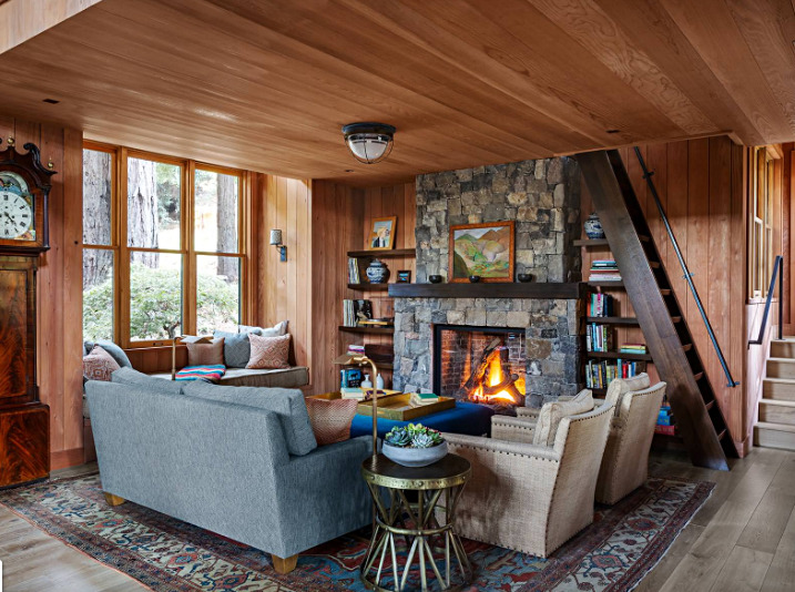 Rustic Cabin Living Room with Stone Fireplace