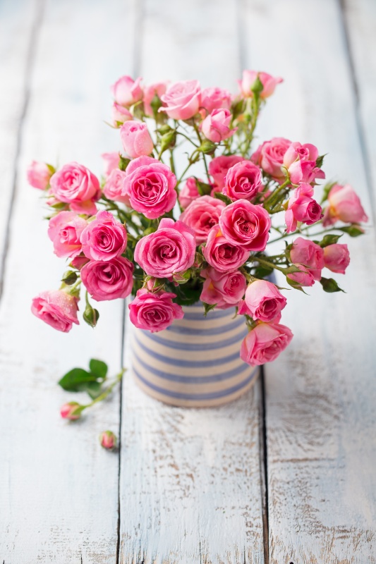 Pink Bouquet of Roses in Blue and White Striped Vase