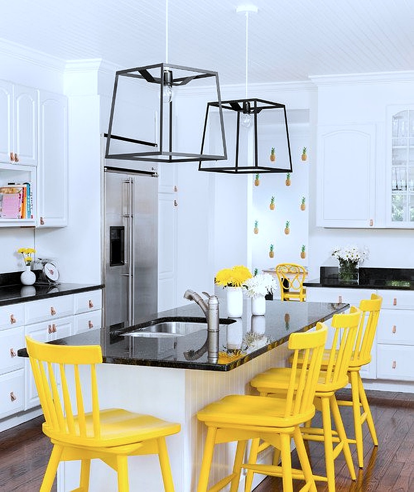 Contemporary kitchen with bright yellow chairs