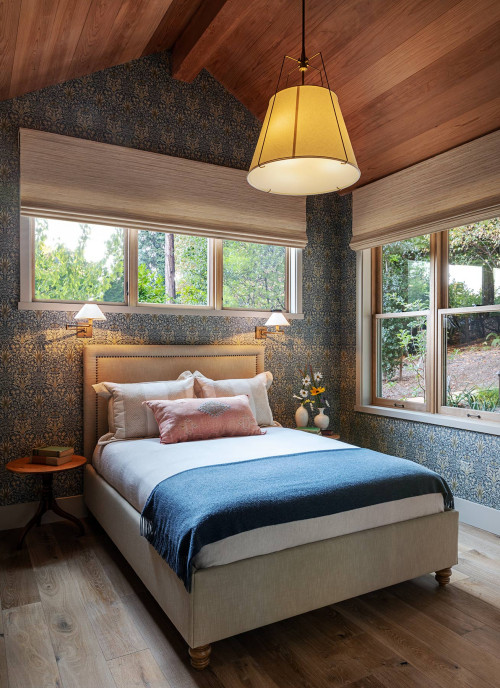 Cabin Bedroom with Blue Wallpaper