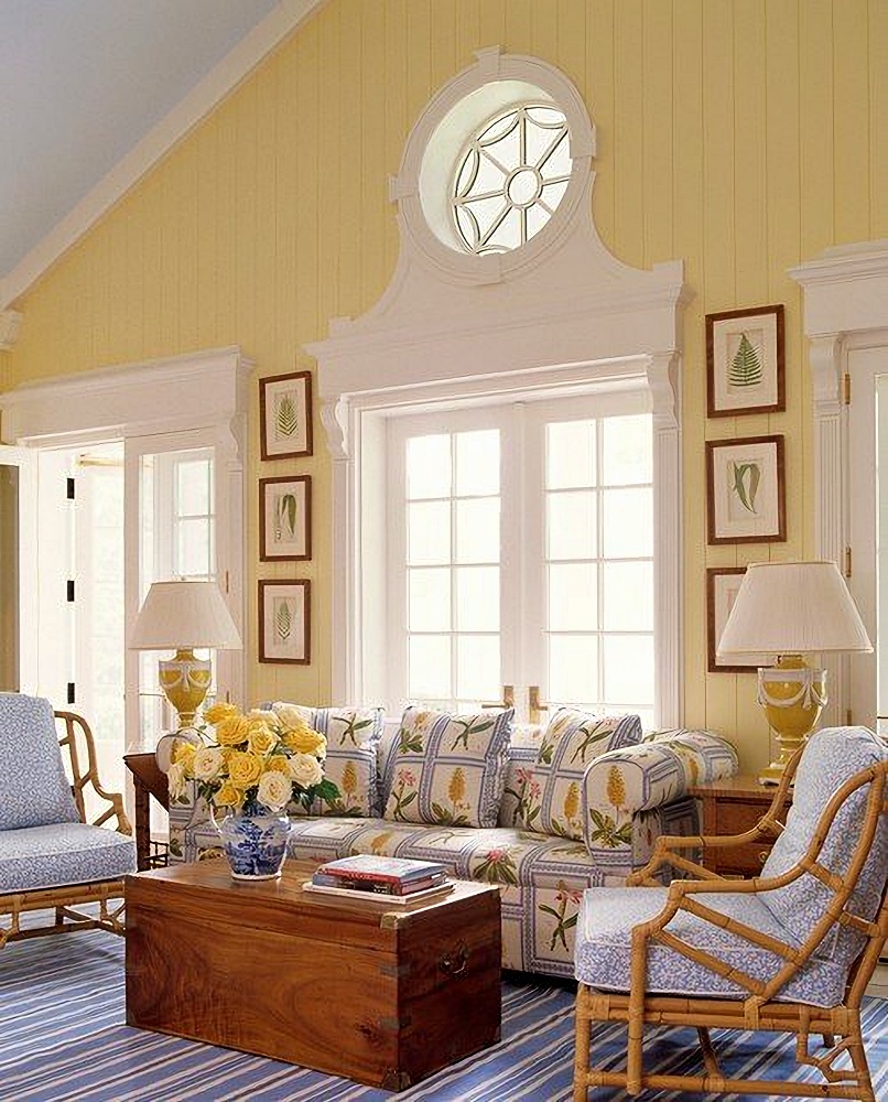 blue and yellow beach style living room