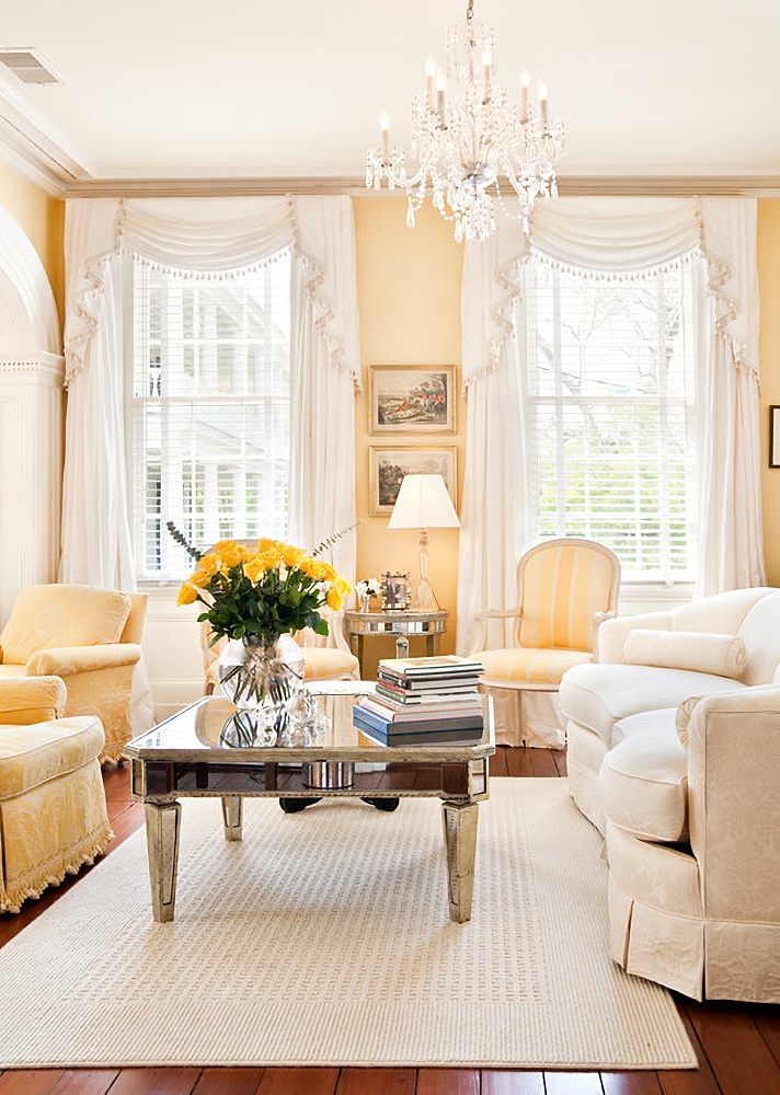 traditional living room in yellow and white