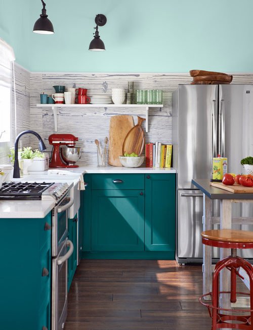 Updated Vintage Aqua Kitchen with Red Accents