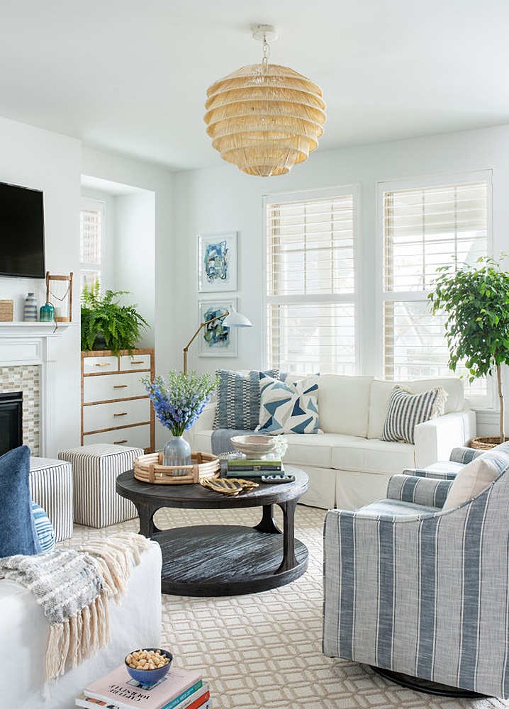 blue and white coastal style family room