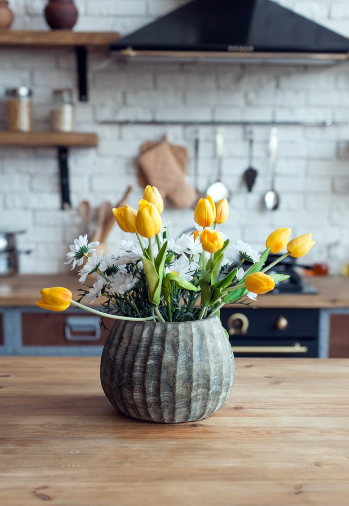 French Country Kitchen with Yellow Tulips