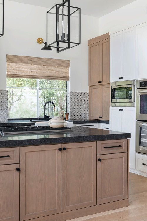 Modern Farmhouse Kitchen Light And, Light Wood Kitchen Cabinets With Black Countertops