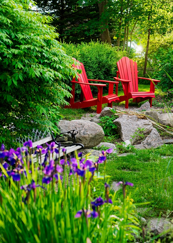 Red Adirondack chairs sitting in a summer garden.