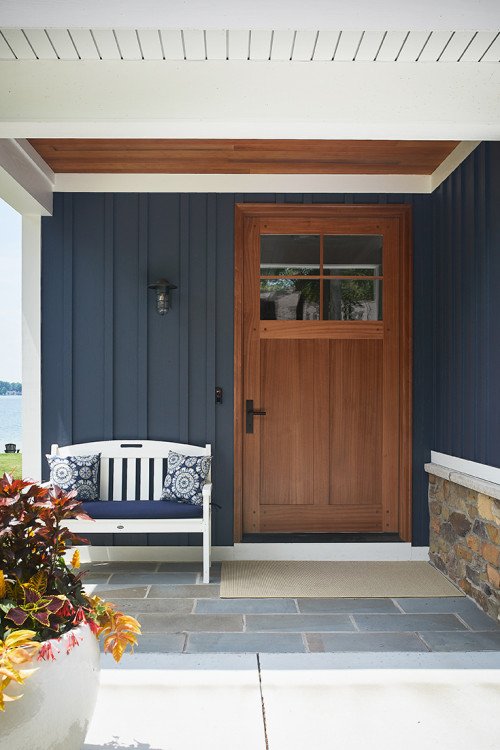 Custom Wood Front Door on a Cozy Blue Cottage