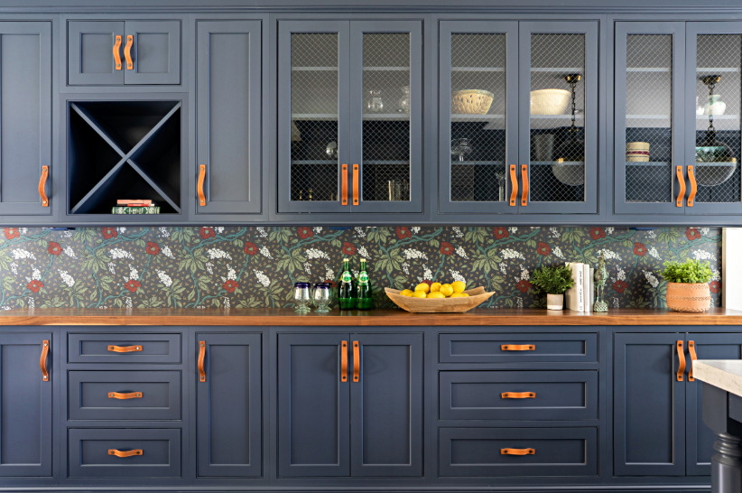 Custom Dark Blue Cabinetry in Tudor Style Home