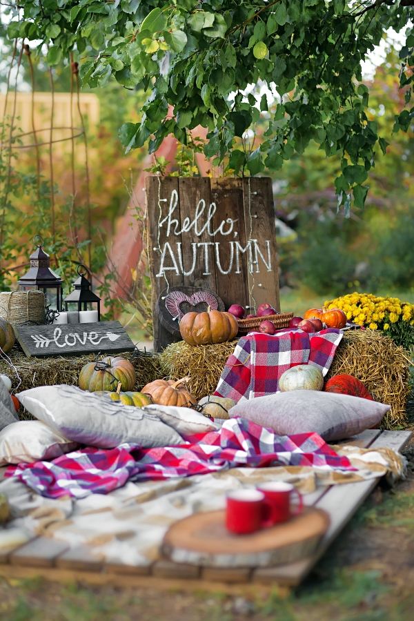 Fall outdoor picnic with plaid blanket, pillows, hay bales, and pumpkins