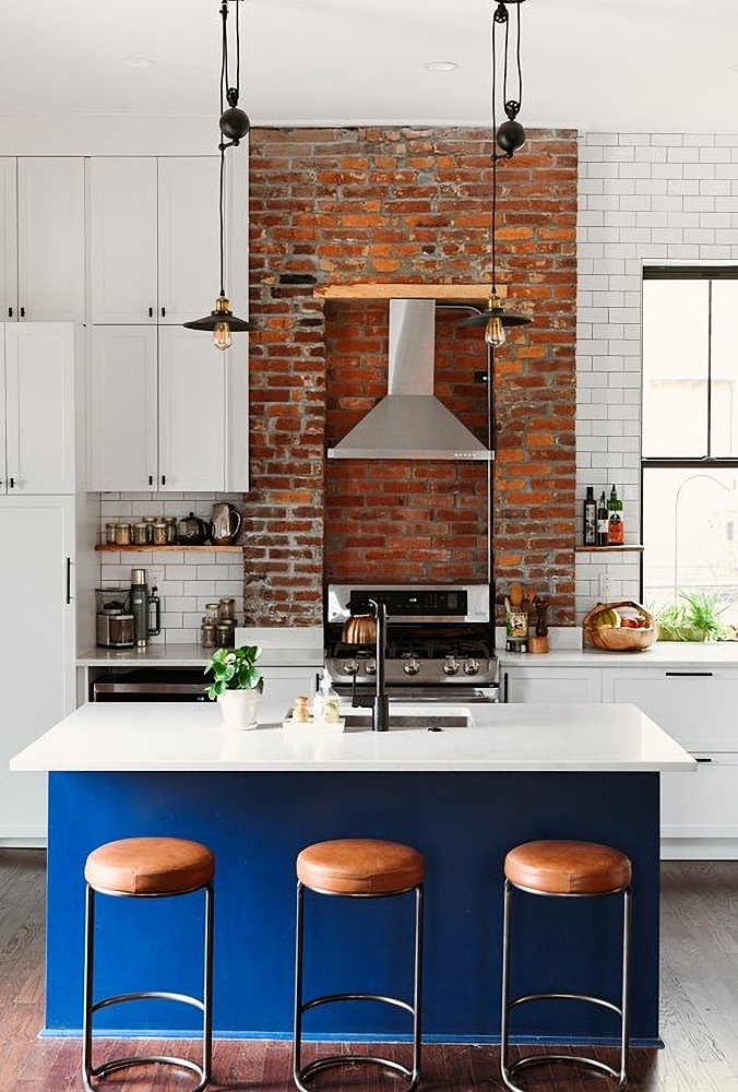 Blue and brick kitchen renovation