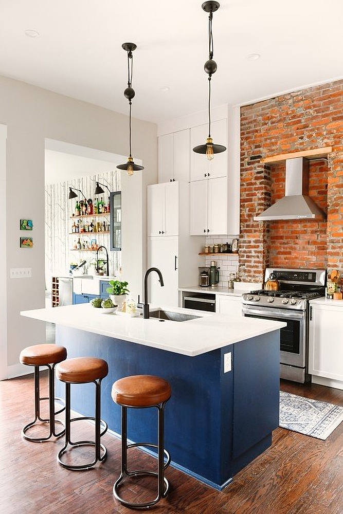Blue and brick kitchen renovation