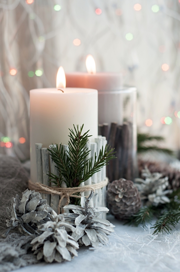 Christmas Candles with Evergreens and Pine Cones