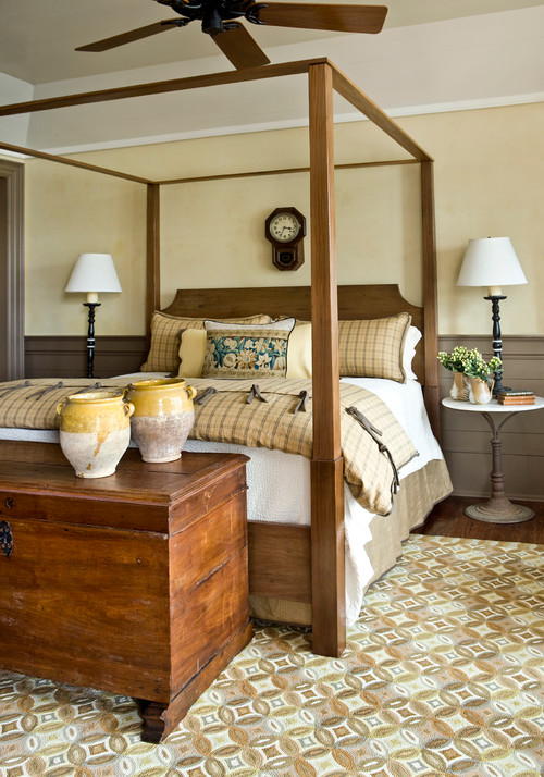 Country Style Bedroom in South Carolina Lake Home. Tan and Golden Tones with 4-Poster Bed